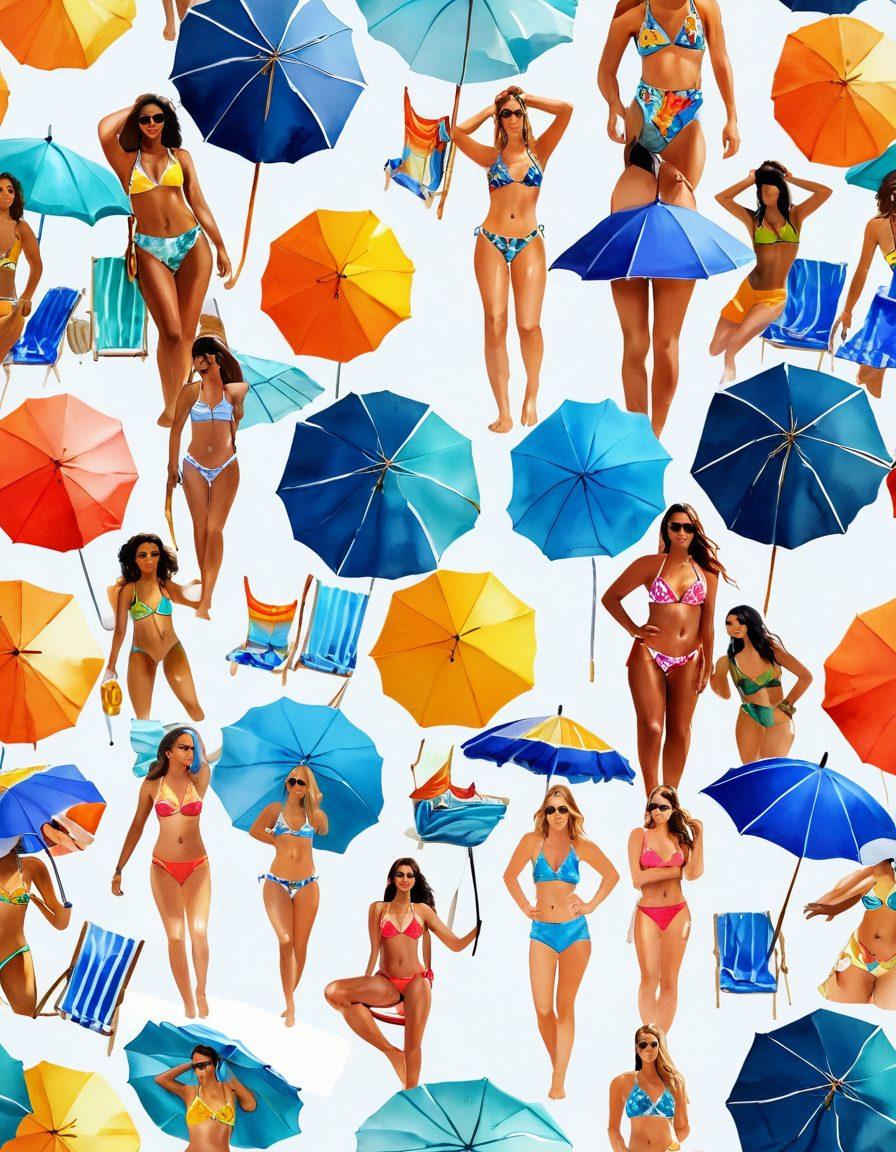 A vibrant beach scene featuring an array of stylish thong swimwear and trendy bikinis alongside beach umbrellas and sun lounges. Include diverse models showcasing confidence and joy, splashing water, and soaking up the sun against a backdrop of crystal-clear waves and soft golden sand. Emphasize bold colors and patterns in the swimwear to capture the essence of summer fashion. colorful and bright. watercolor illustration.